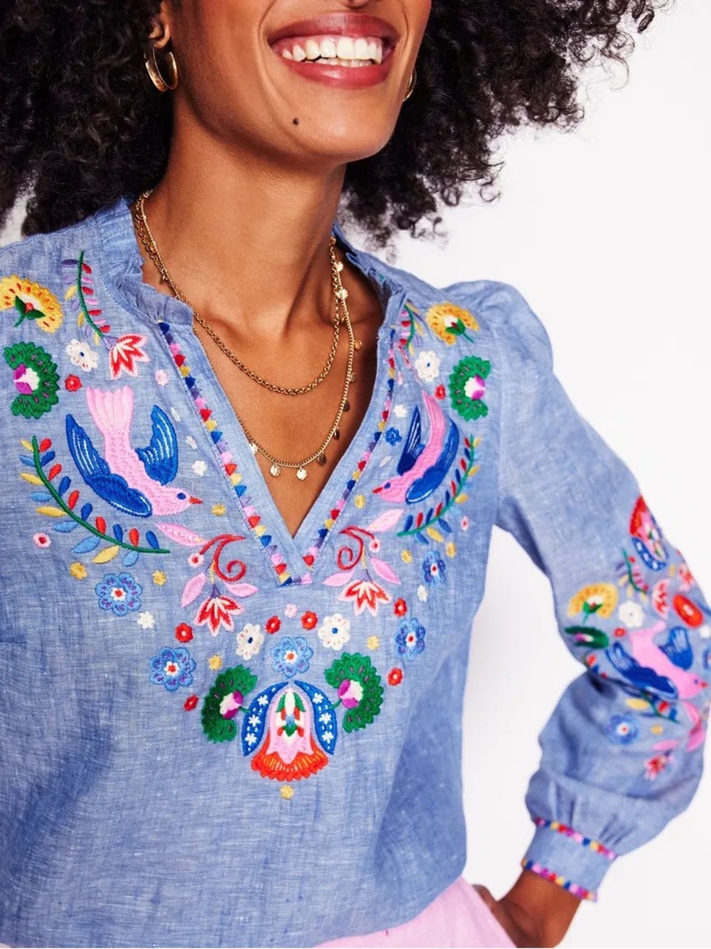 Boden Grace linen top- chambray embroidered birds 12